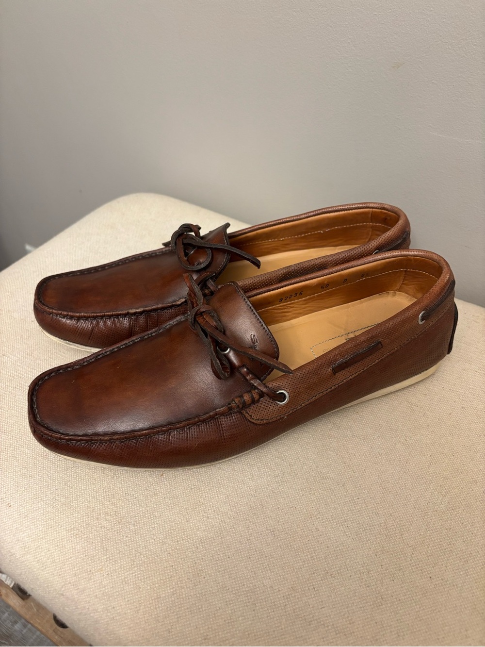 Santoni Men's Brown Leather Driving Shoes Loafers Lace Tie Moc Toe Size 9.5 D US